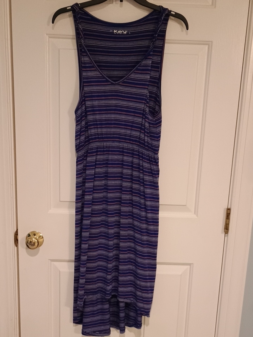 Kavu Women's Navy and Lilac Striped Sleeveless Midi Dress